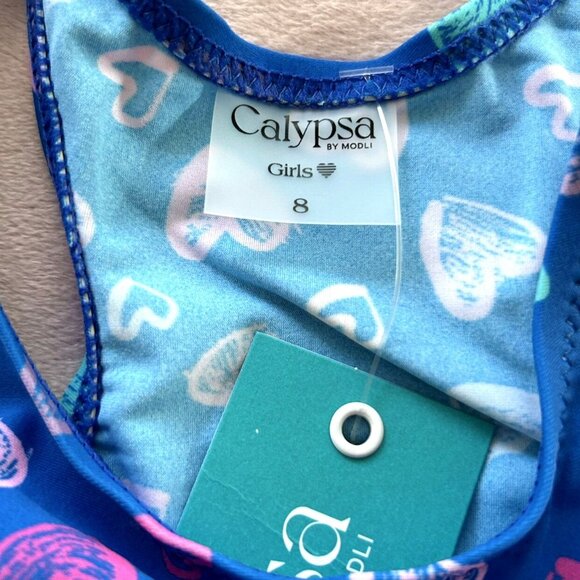 New Calypsa Blue Hearts Abby Quick Dry Side Ruching Swim Tankini UPF 50+ Size 8 - Picture 3 of 6